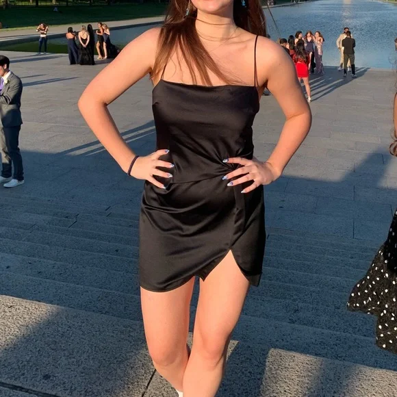 BLACK SATIN SPAGHETTI STRAP MINI DRESS - Picture 2 of 4